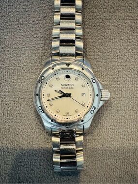 Movado Series 800 Stainless Steel Watch with White Dial and Diamond Markers